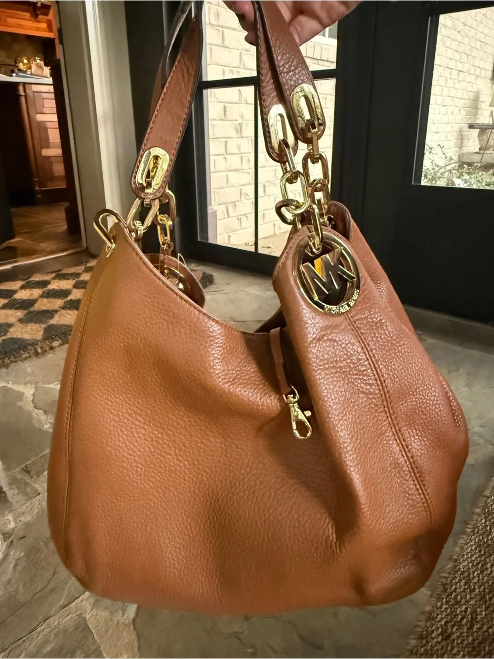 Michael Kors Cognac Pebbled Leather Hobo with Gold MK Charm